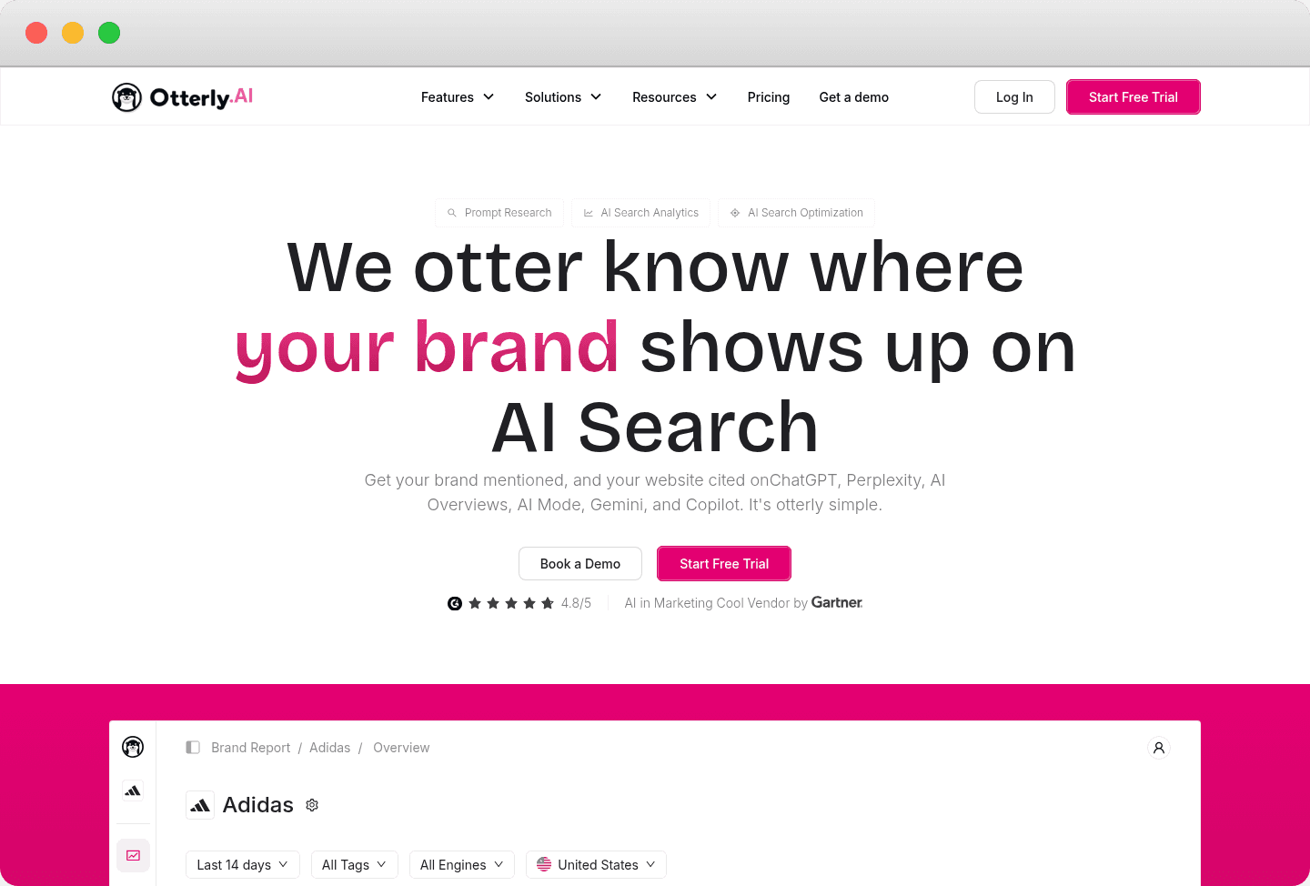 The OtterlyAI homepage, showing its AI search visibility product