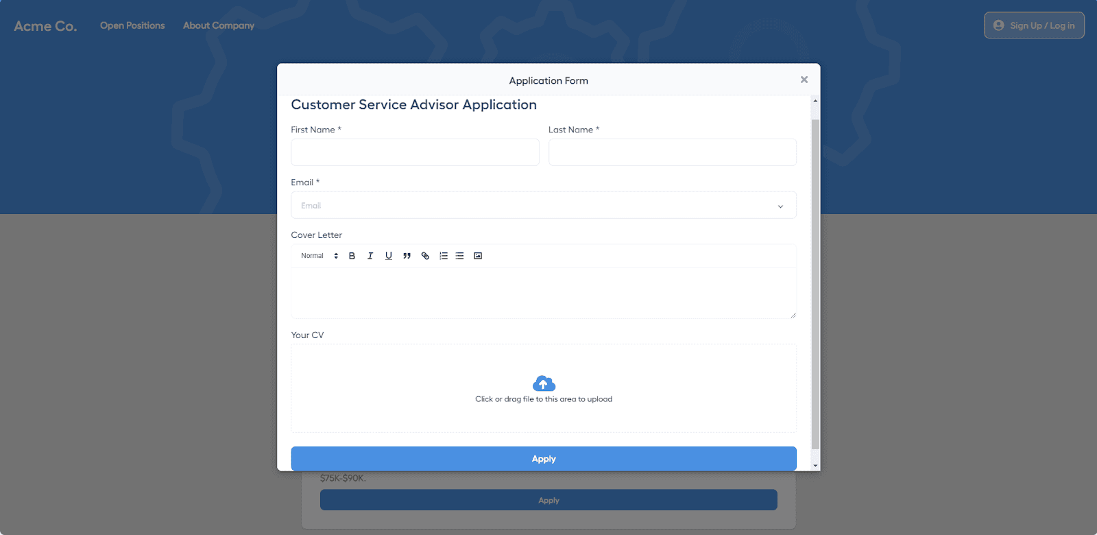 Hipporello Applicant Tracking System job application form view