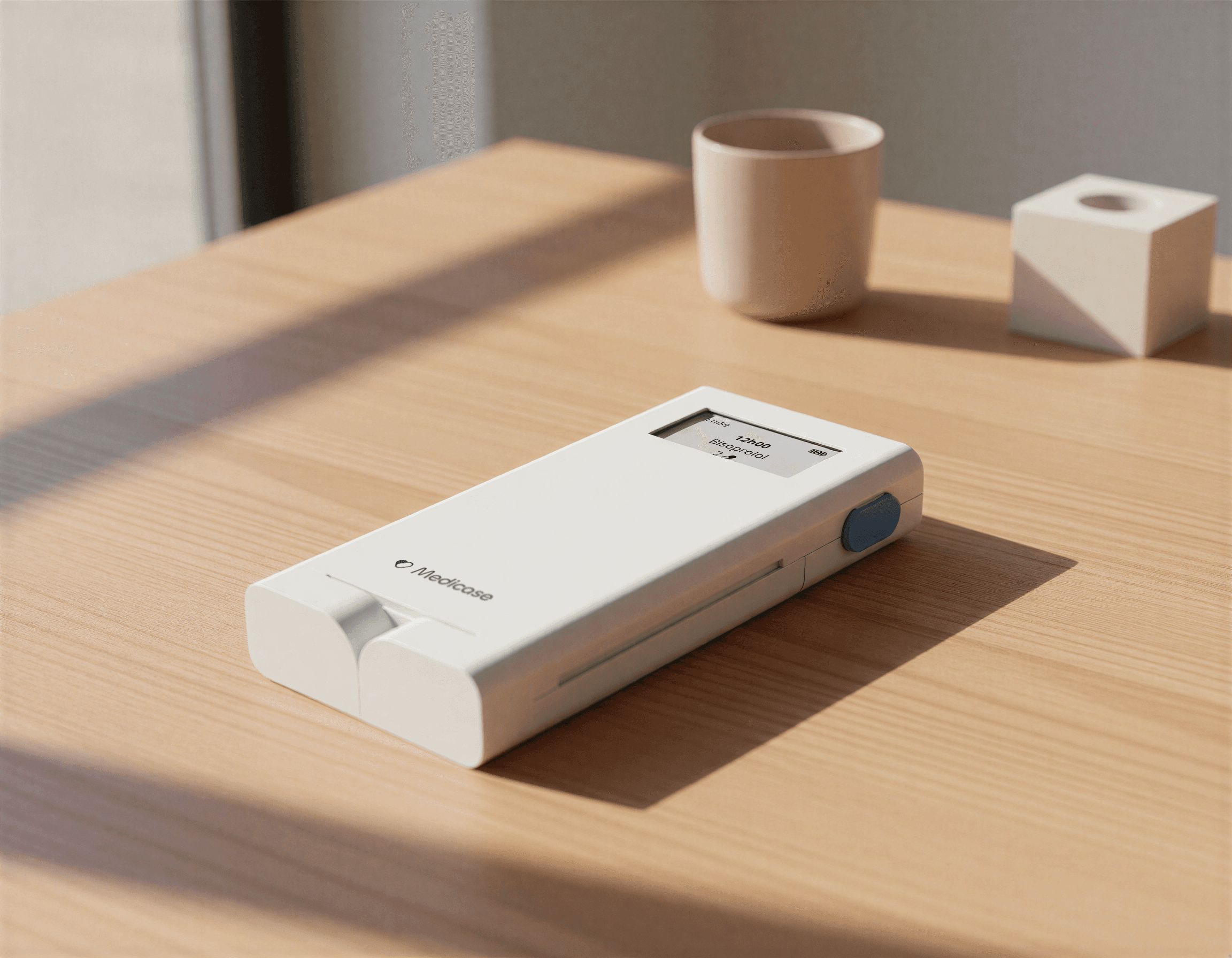 Medicase device displaying automatic medication reminder notification