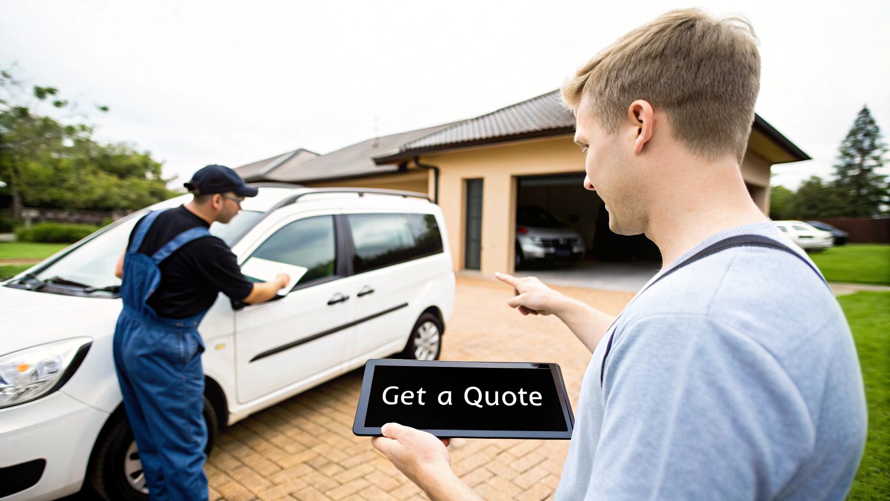 A professional auto glass technician provides a customer with a repair quote on a tablet.
