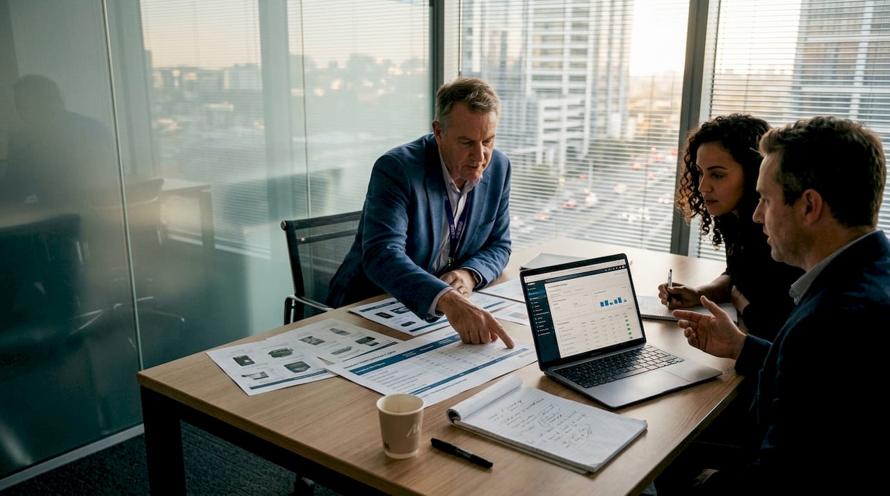 Team reviewing shared product catalogue listings