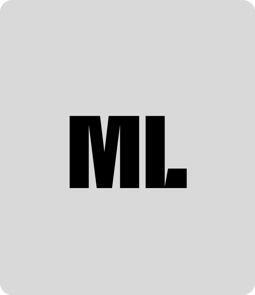 A heavy, condensed block "ML" monogram in black on light grey.