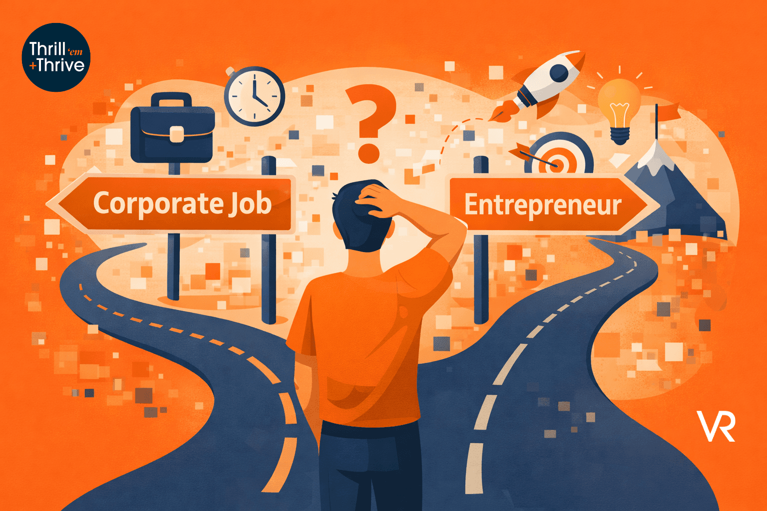 Graphic-of-a-man-standing-at-a-crossroads-between-a-corporate-job-and-starting-a-business-illustrating-the-major-advantages-and-disadvantages-of-entrepreneurship-through-career-choice.