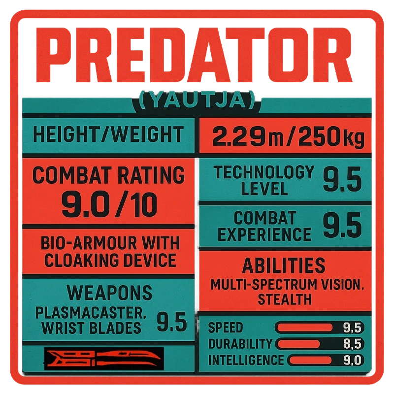 The image displays a data chart detailing various attributes and skills of the "Predator" character, including a height/weight of 2.29m/250kg, a combat rating and weapons level of 9.5, as well as technology and combat experience levels also at 9.5, with listed abilities in multi-spectrum vision and stealth, and additional bio-armour with a cloaking device.