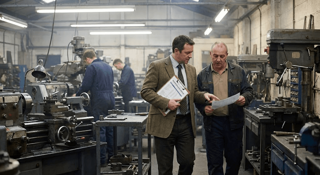 Four workers in black coveralls walk through an industrial facility.
