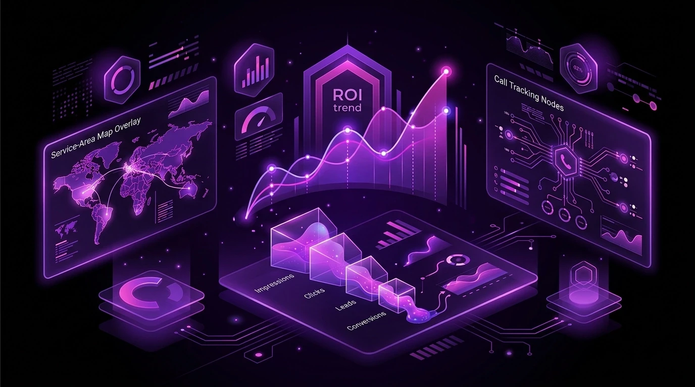 Unique cinematic illustration of floating analytics panels, ROI curves, call tracking nodes, and map overlays in violet and magenta glow on a deep black background.