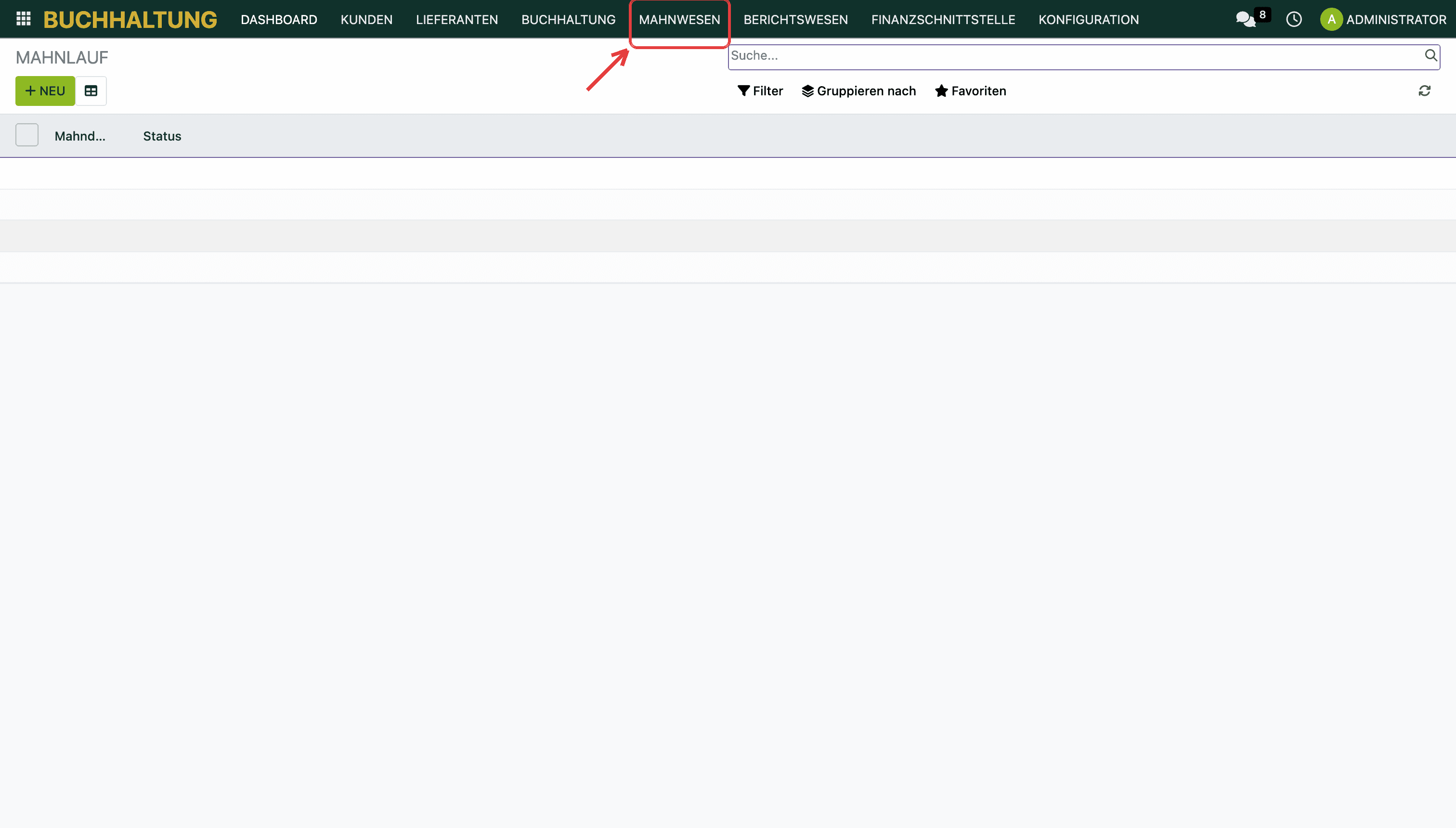 Das Menü „Mahnwesen“ in der App Buchhaltung.