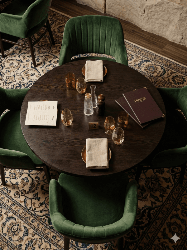 Mesa redonda de restaurante con sillas de terciopelo verde sobre alfombra clásica
