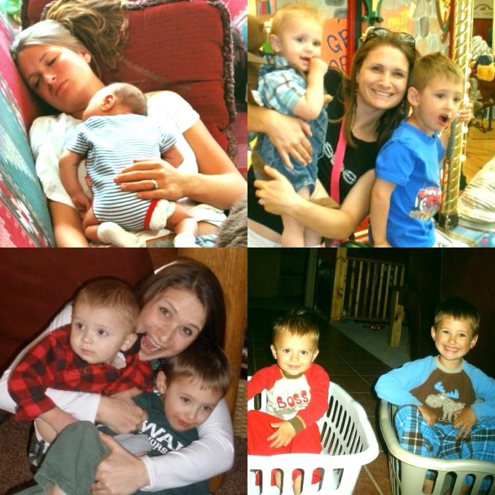 Collage of Anne with her sons Ethan and Will when they were babies and little boys
