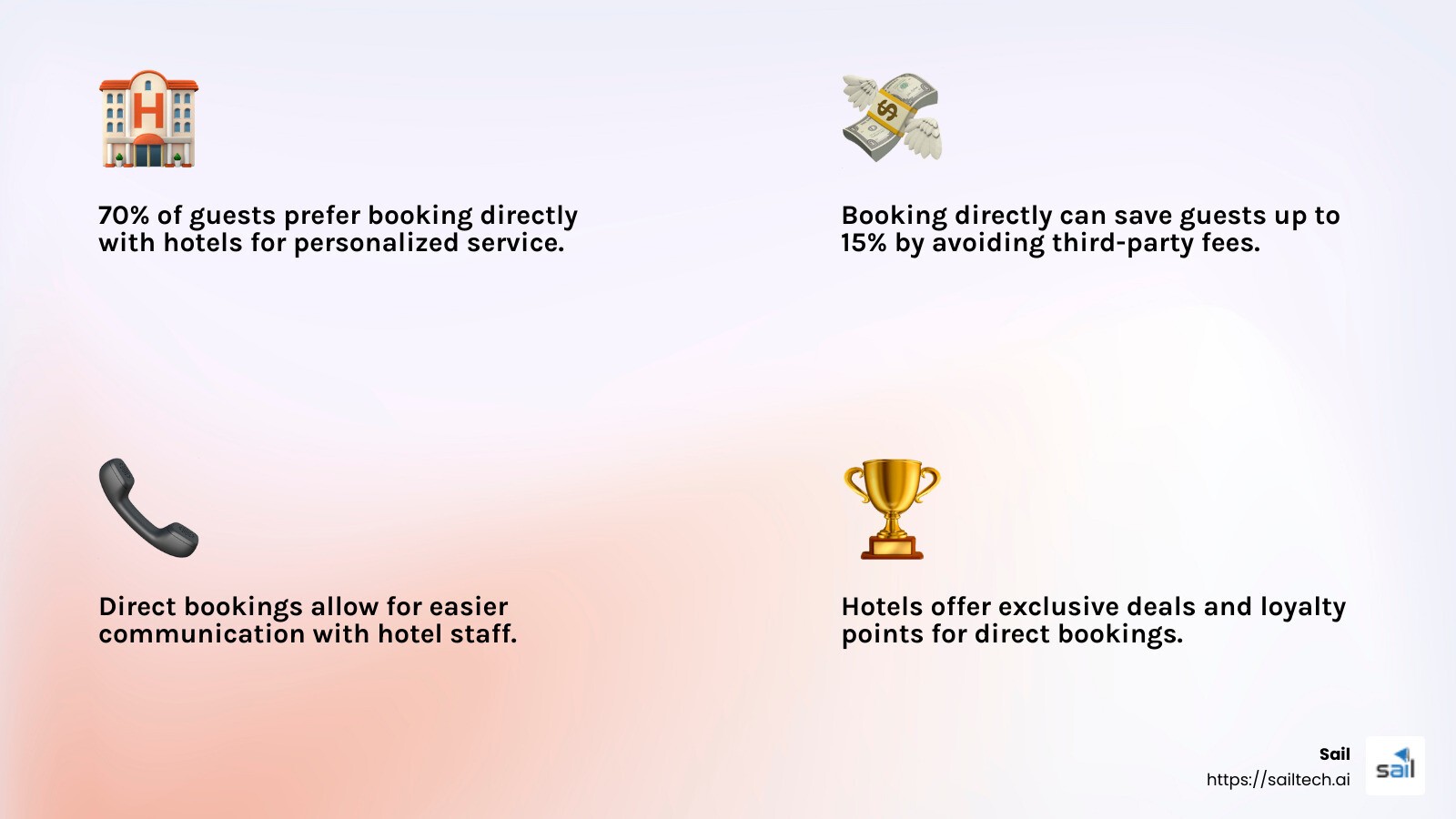 Example of direct booking benefits - direct reservation in hotel infographic 4_facts_emoji_light-gradient