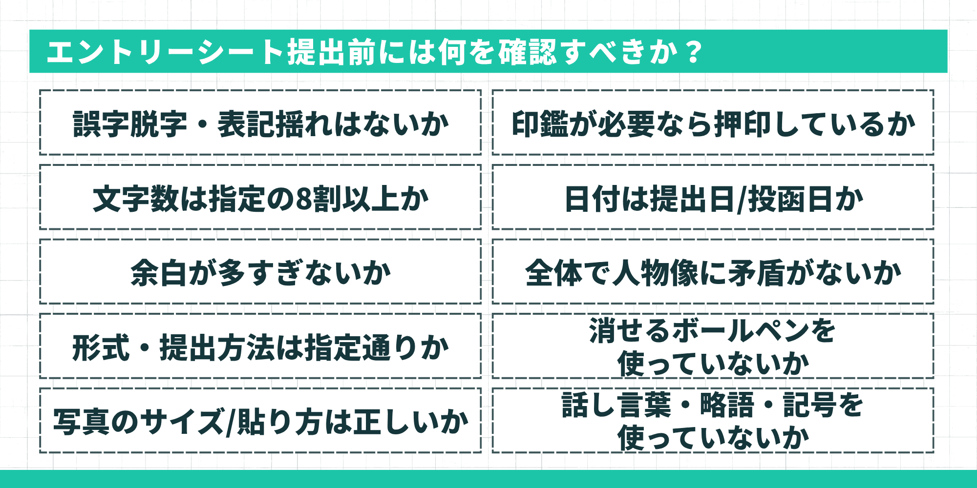 エントリーシート提出前には何を確認すべきか?誤字脱字・文字数・余白・形式・写真・印鑑・日付・人物像の矛盾・ボールペン・話し言葉のチェックリスト