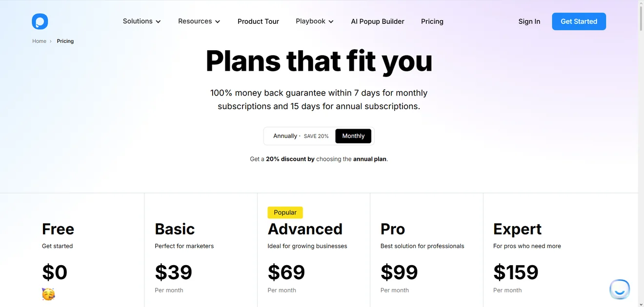 popupsmart-monthly-pricing-page