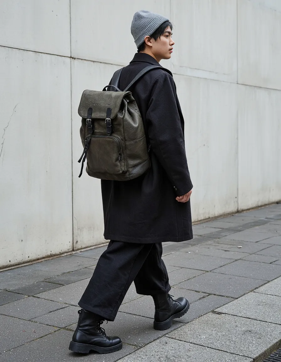 Person in black coat and wide-leg pants walking on urban sidewalk, wearing gray beanie and olive leather backpack against concrete wall