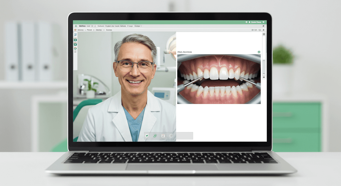 Virtual dental consultation displayed on a laptop screen with a patient using an intraoral camera.