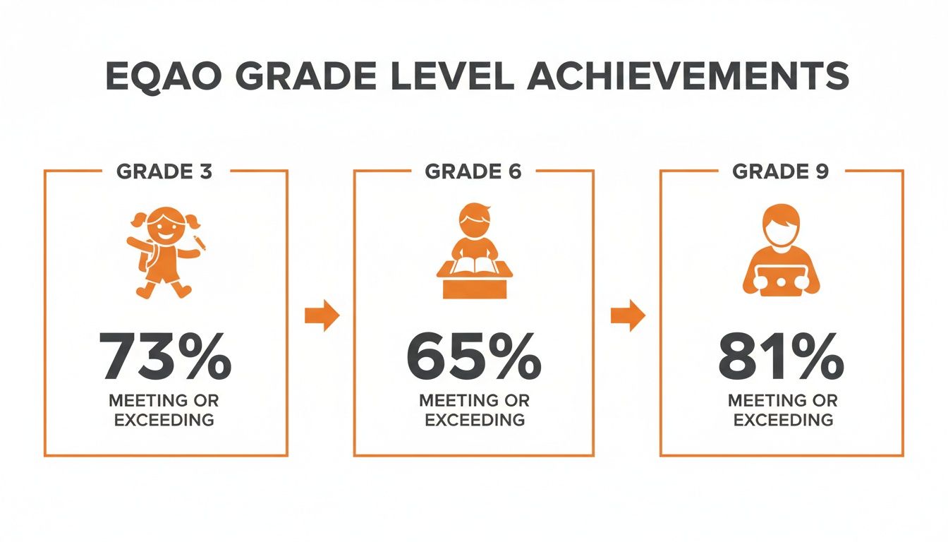 EQAO Grade Level Achievements for Grade 3 (73%), Grade 6 (65%), and Grade 9 (81%) meeting or exceeding expectations.