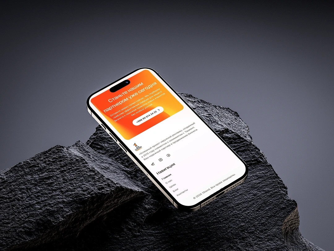 1Stend B2B outdoor media landing page — mobile UI on iPhone showing partnership CTA, Framer development for Tashkent advertising network 2026