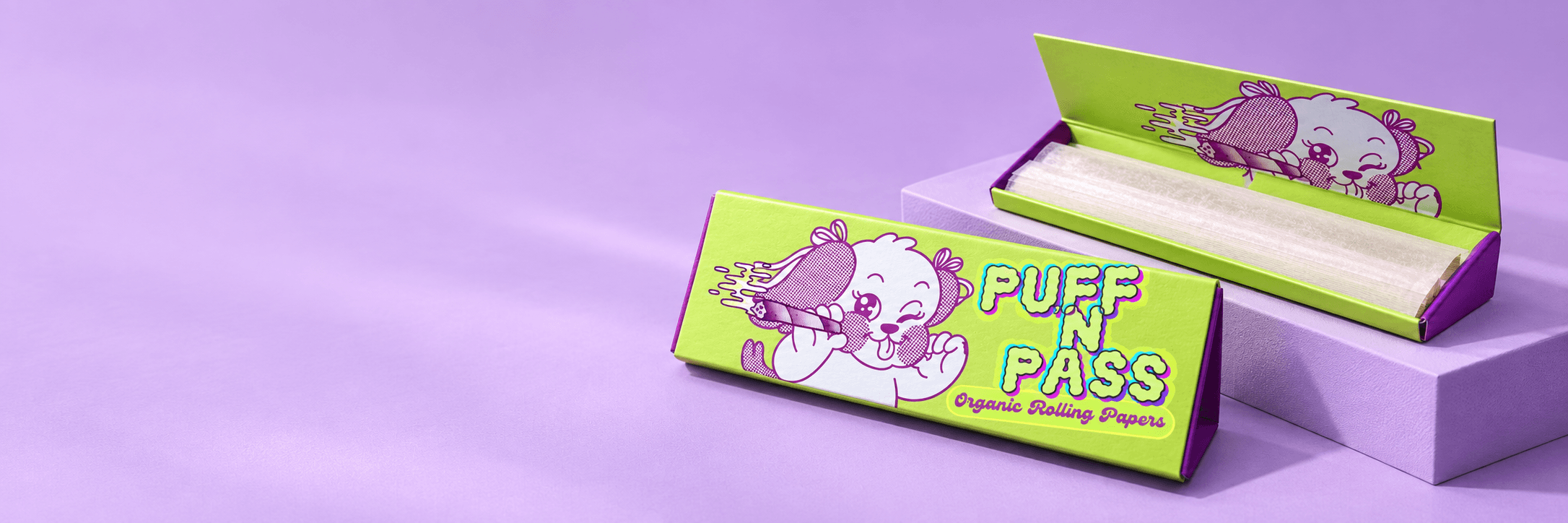 Puff ’N Pass packaging concept: lime-green packages with expressive lettering and mascot artwork on a lavender studio background.