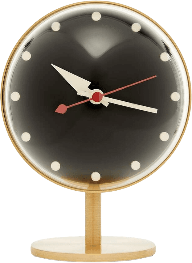 Vitra Nelson Night Clock, a domed black dial with white dot markers, cream hands and a red hand on a brass stand.