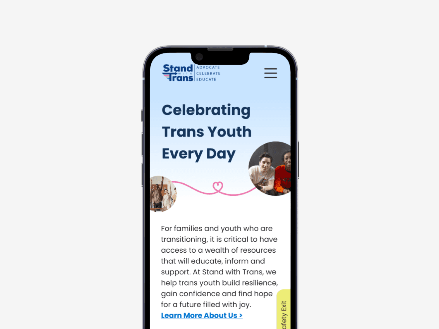 Mobile prototype of Stand with Trans home page with text that reads "celebrating trans youth every day"