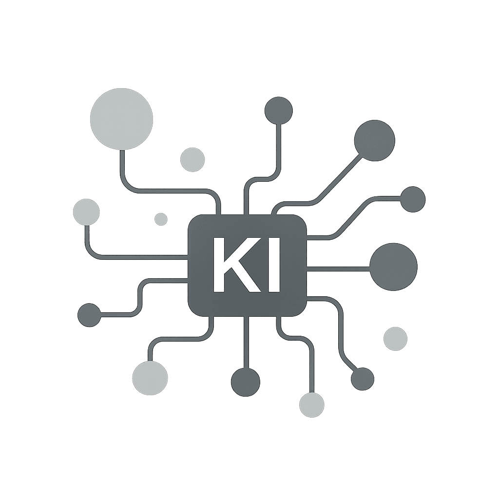 Illustration eines Mikrochip-Symbols mit der Aufschrift „KI“ in der Mitte. Mehrere graue Linien mit Endpunkten verzweigen sich symmetrisch vom Chip nach außen und symbolisieren ein neuronales Netzwerk oder Datenverbindungen.