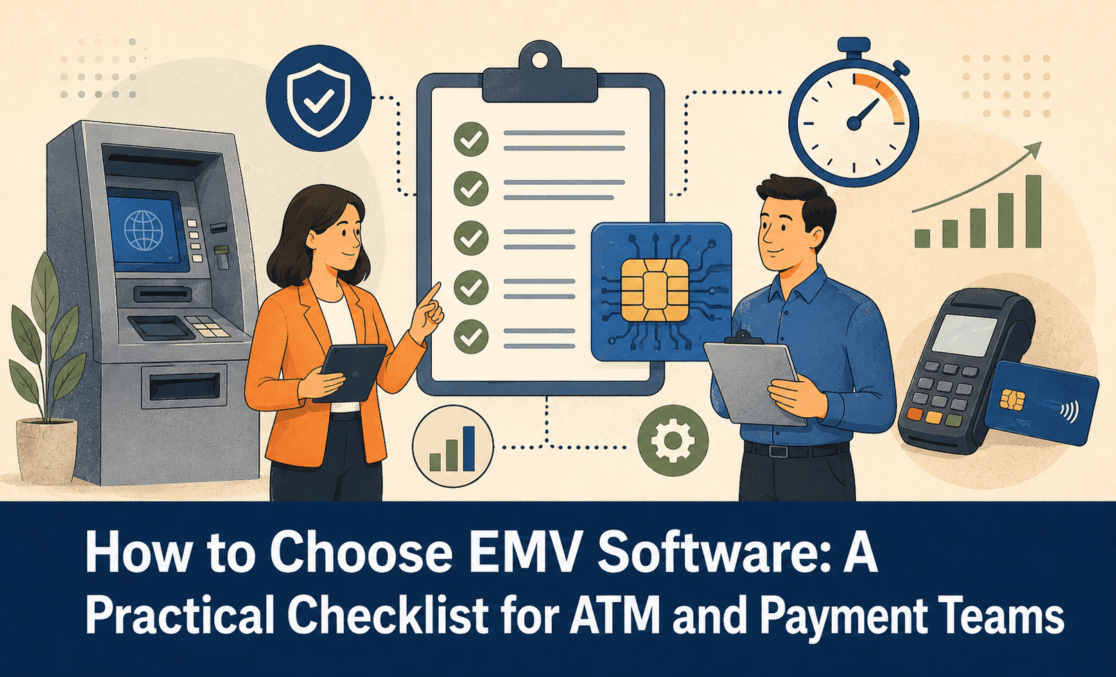 Flat-style illustration of an ATM and payment team reviewing an EMV software checklist, with an ATM, EMV chip symbol, security shield, stopwatch, graph, POS terminal, and payment card representing practical software selection, compliance, and faster implementation.