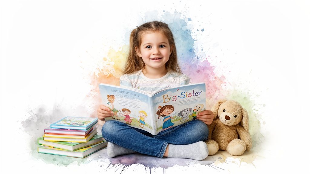 A smiling little girl reads a 'Big-Sister' book, with a teddy bear and other books.
