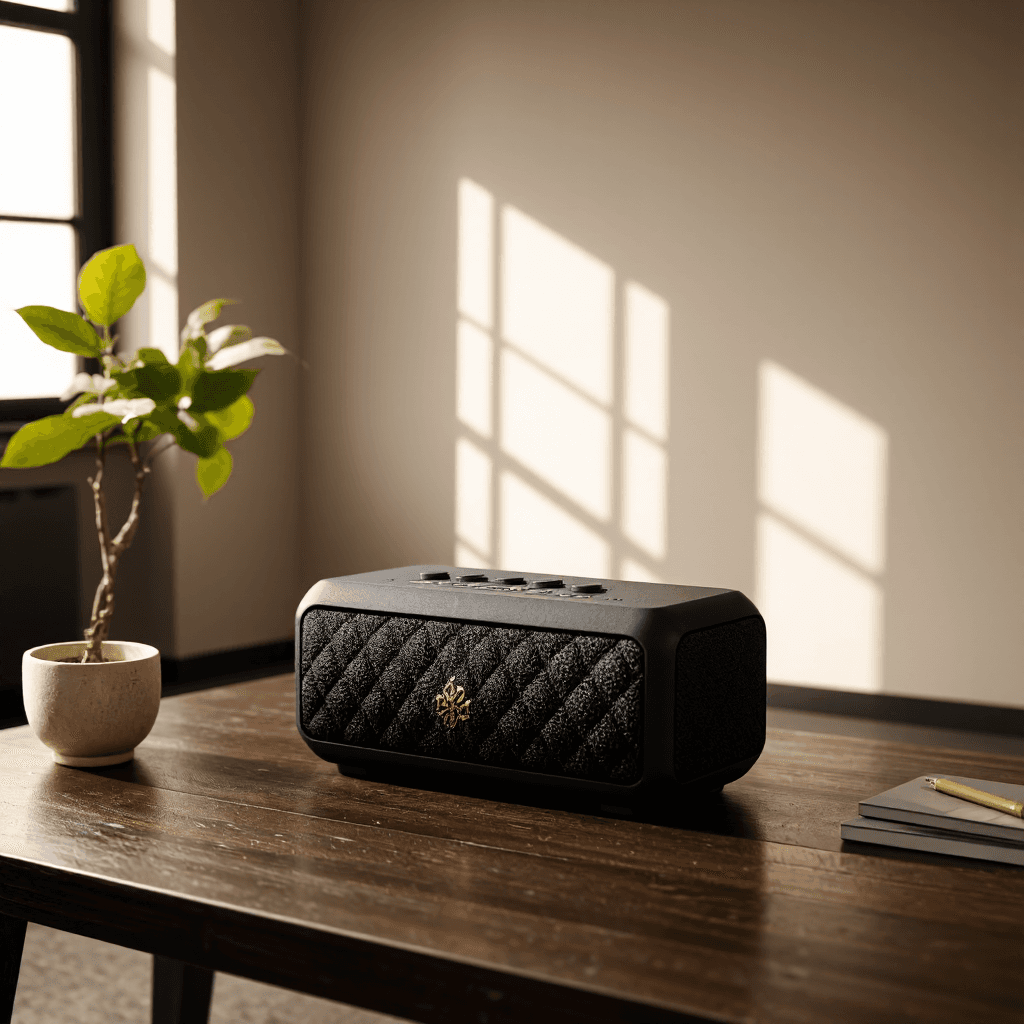 product photography of a portable Bluetooth speaker with a textured surface and control buttons on top