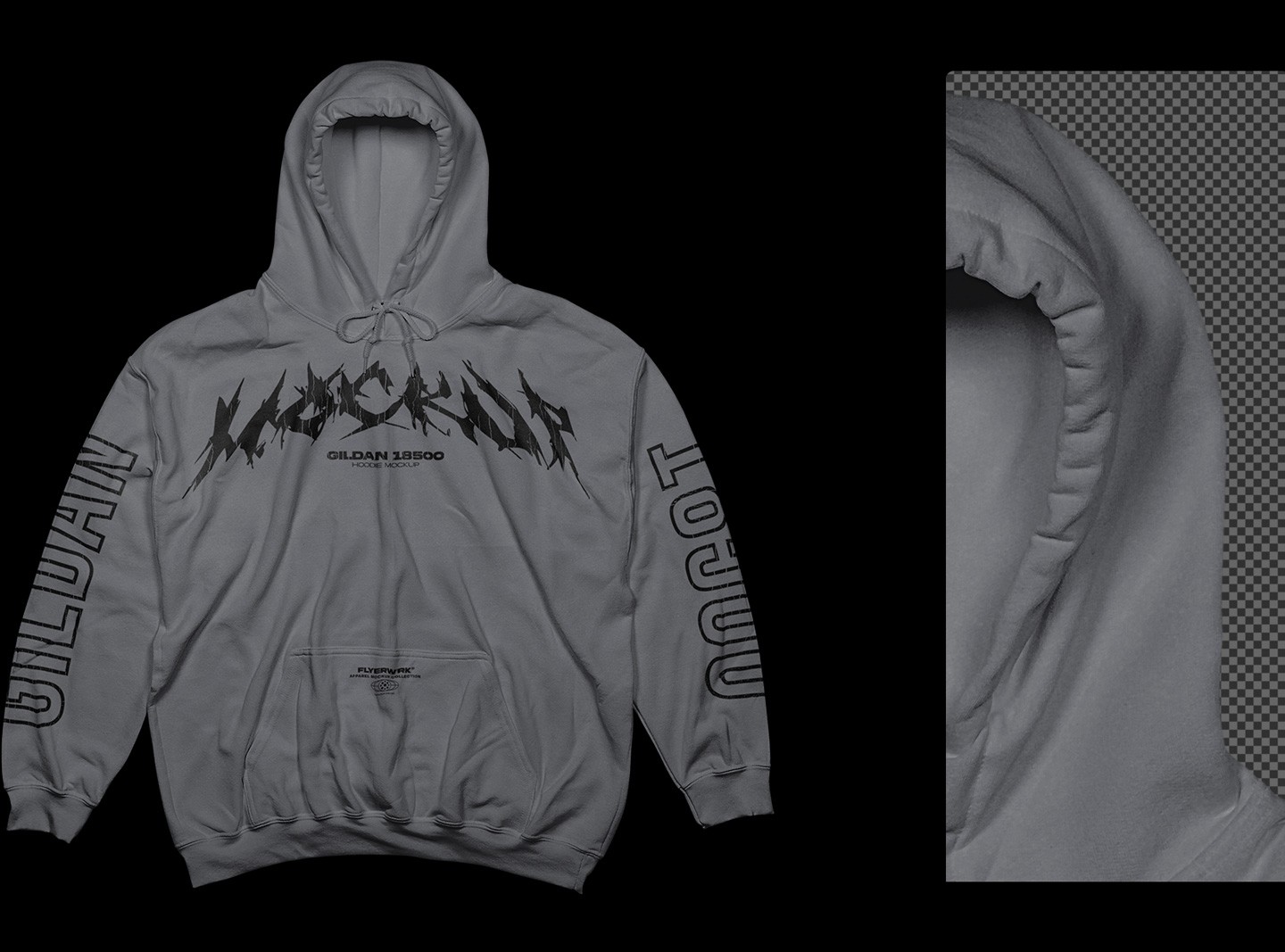 Gildan 18500 Hoodie Front+Side mockup fabric detail close up high resolution