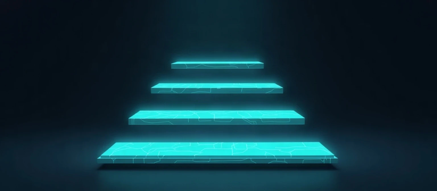 Flat glowing teal slabs stacked in layers above a wide foundation slab traced with circuit lines, illustrated in Japanese minimalist ink style with teal and blue on a black background, representing the layers of a cold outreach tech stack.