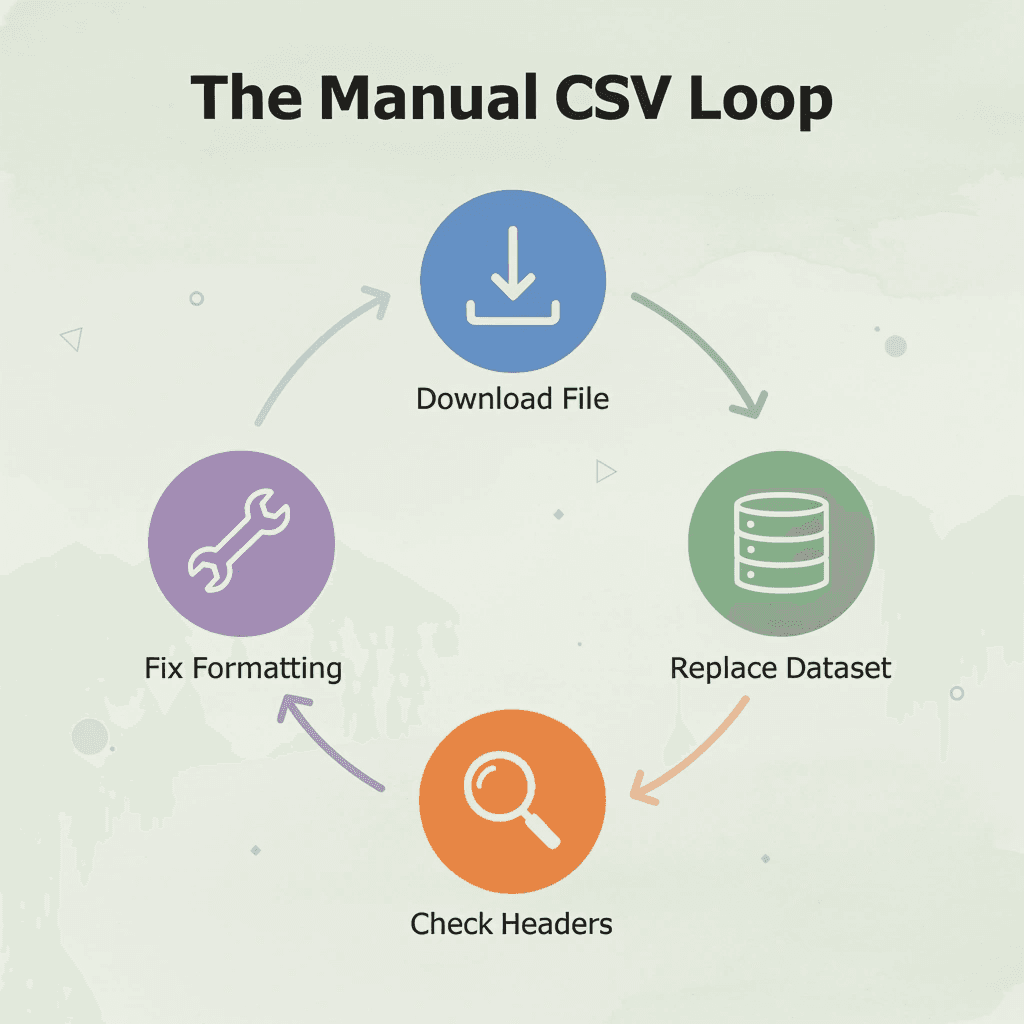 Cycle loop infographic showing the four repeating steps of manual CSV imports
