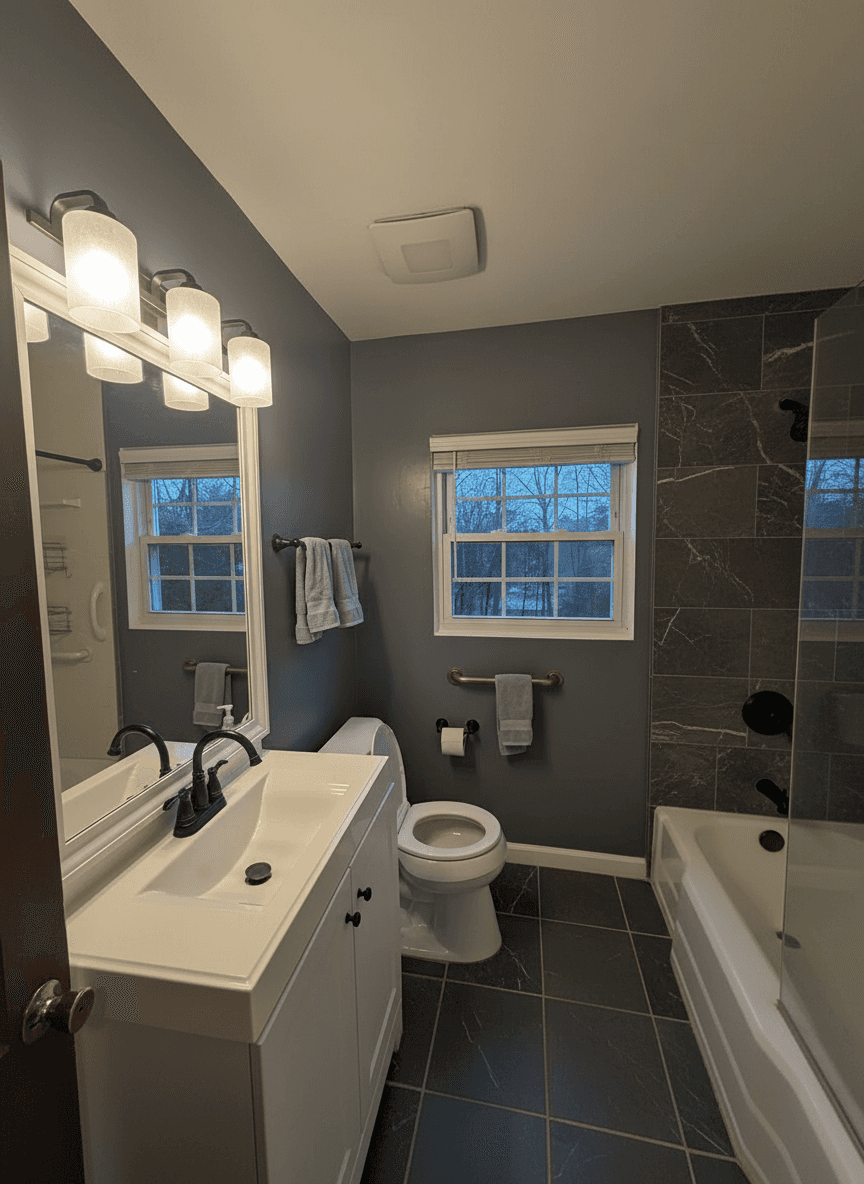 Moody direction — charcoal walls, dark marble surround, slate floor