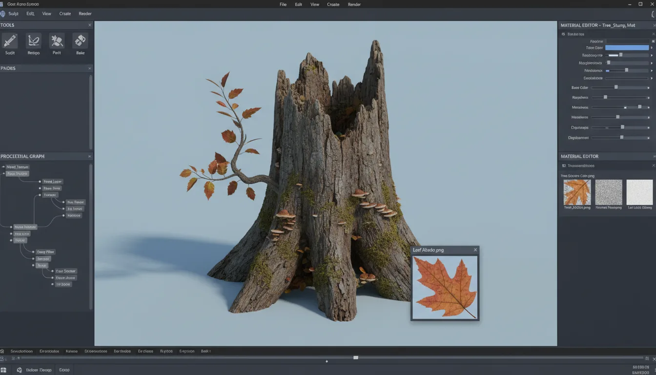 Screenshot of a professional 3D asset creation software UI, featuring a dark mode theme. The main central viewport showcases a photorealistic 3D model of a weathered, broken tree stump with a small branch and autumn leaves, set against a plain light blue background with soft ground shadows. The user interface is complex, with a tall left sidebar containing tool panels and a procedural node graph. The right sidebar displays a detailed material editor with parameter sliders and multiple texture map thumbnails for color, normal, and gloss. A floating pop-up window shows a close-up of a leaf texture map.