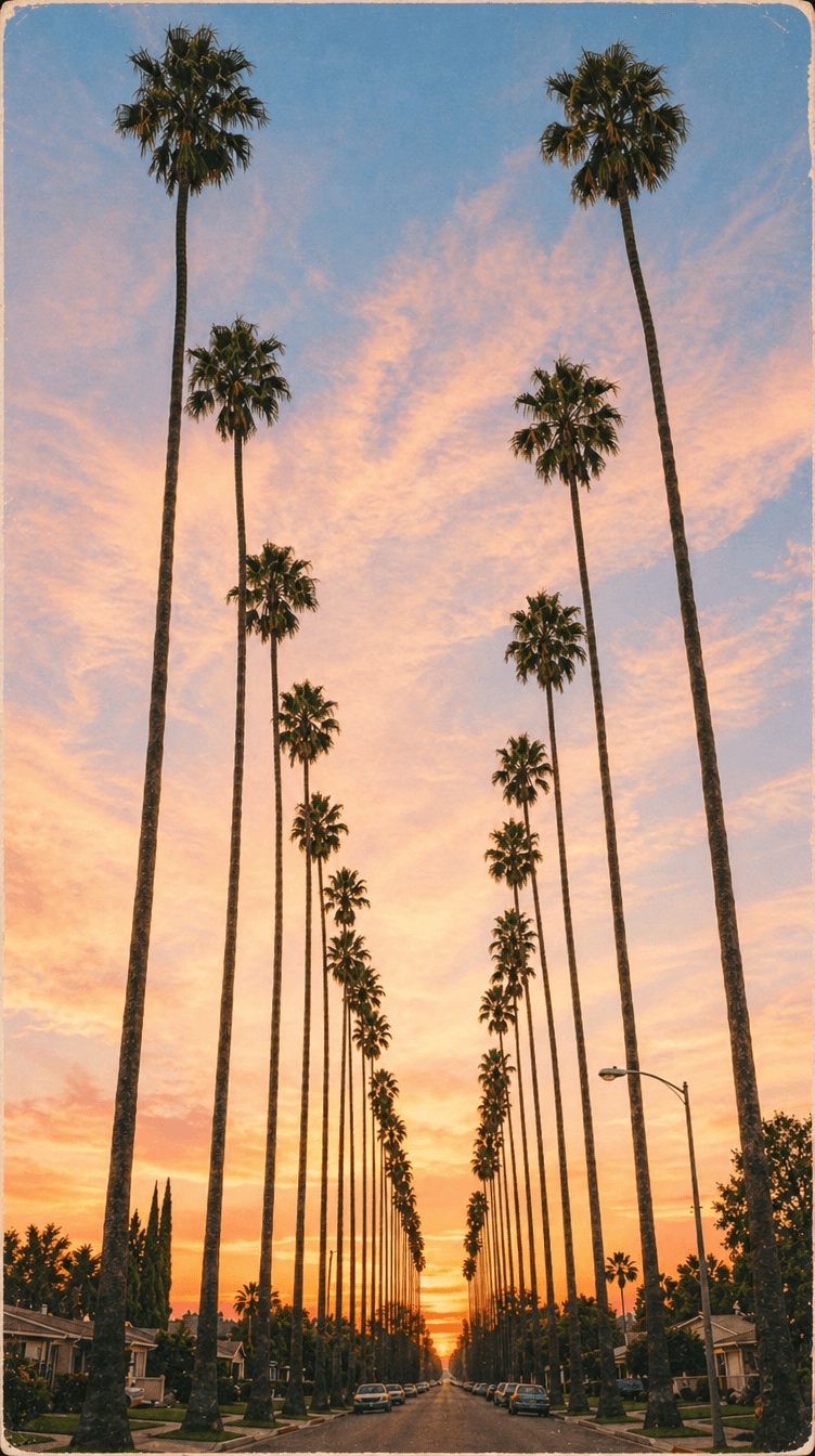 Three bold editorial headlines — "The Shade Gap," "The Real Science Gap," "The Coolness Gap" — overlaid on a tall vertical photo of a palm-lined Los Angeles boulevard at golden hour sunset.