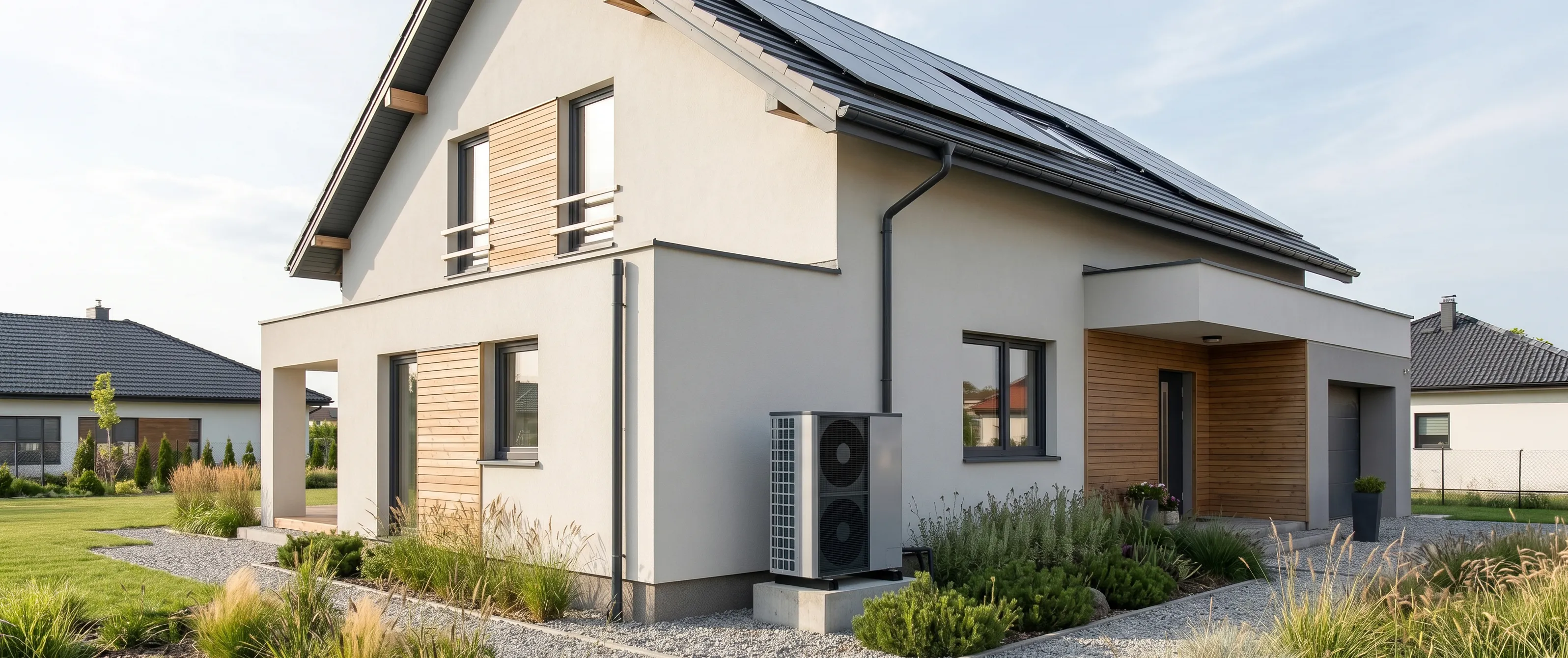 Modernes Einfamilienhaus mit Photovoltaikanlage auf dem Dach und Luft-Wasser-Wärmepumpe im Vorgarten.
