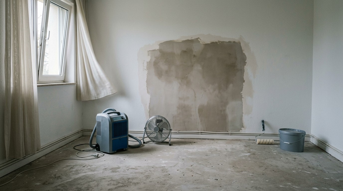 Bautrockner und Ventilator in einem leeren Raum vor einer frisch verputzten, noch feuchten Wandstelle