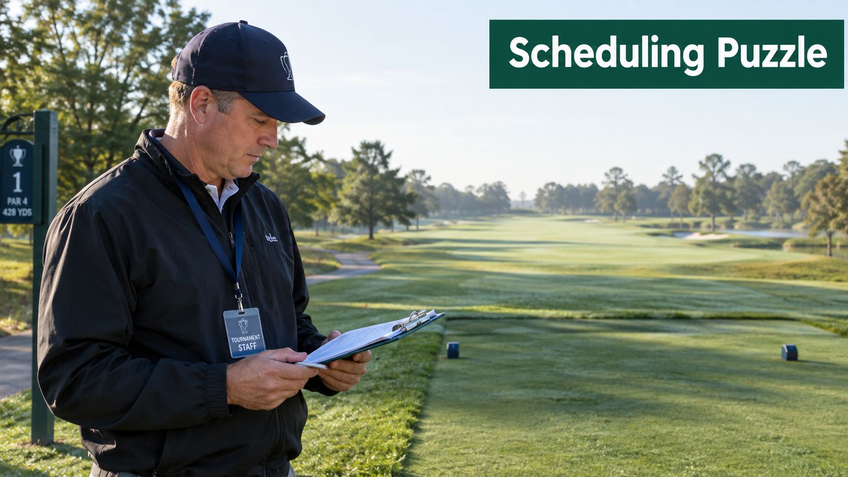 A tournament staff member in a jacket and hat reviews a clipboard on a golf course.