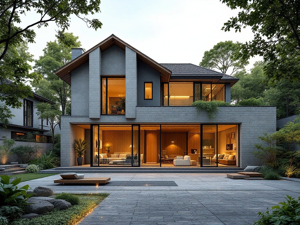 A modern house with large windows and a patio.