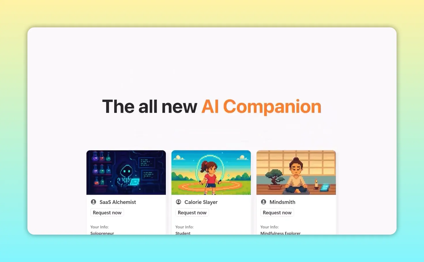 Three AI companion character cards displayed below the words The all new AI Companion
