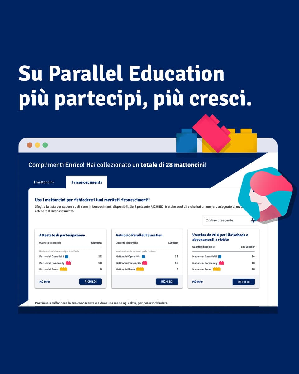 Schermata web di Parallel Education con headline ‘Su Parallel Education più partecipi, più cresci’: dashboard dei riconoscimenti con schede premi e contatori.