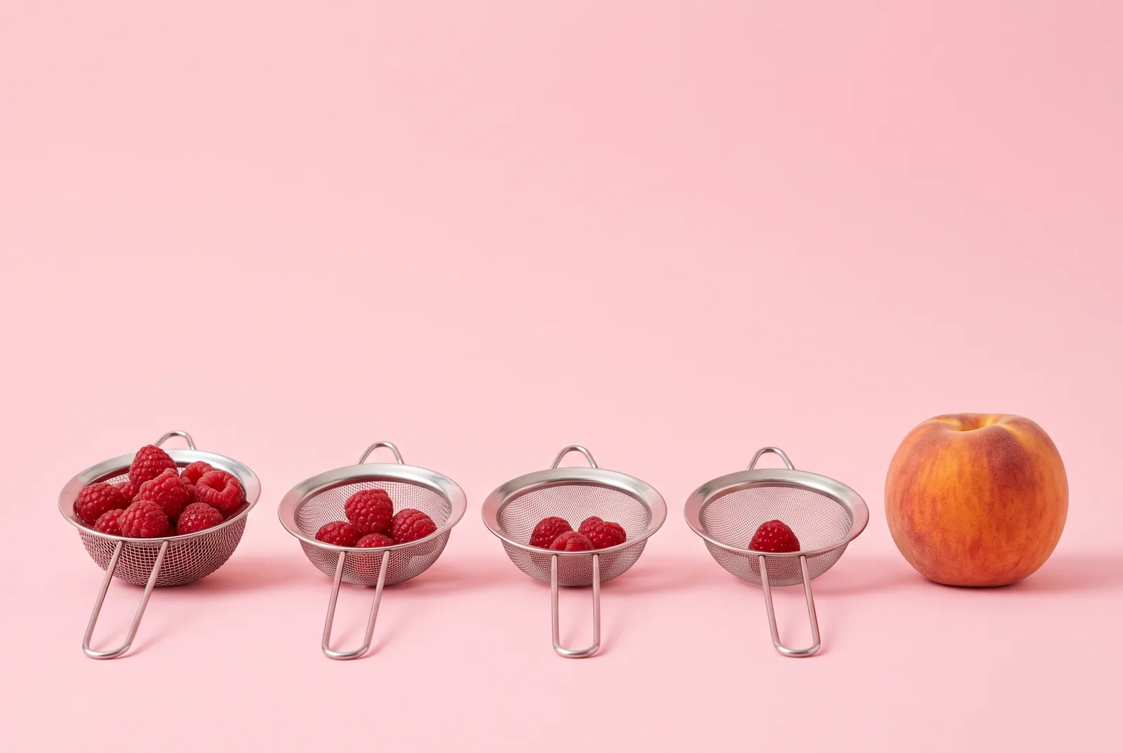 Four tea strainers with finer and finer mesh beside a peach, comparing free DNS filters to block porn on your router