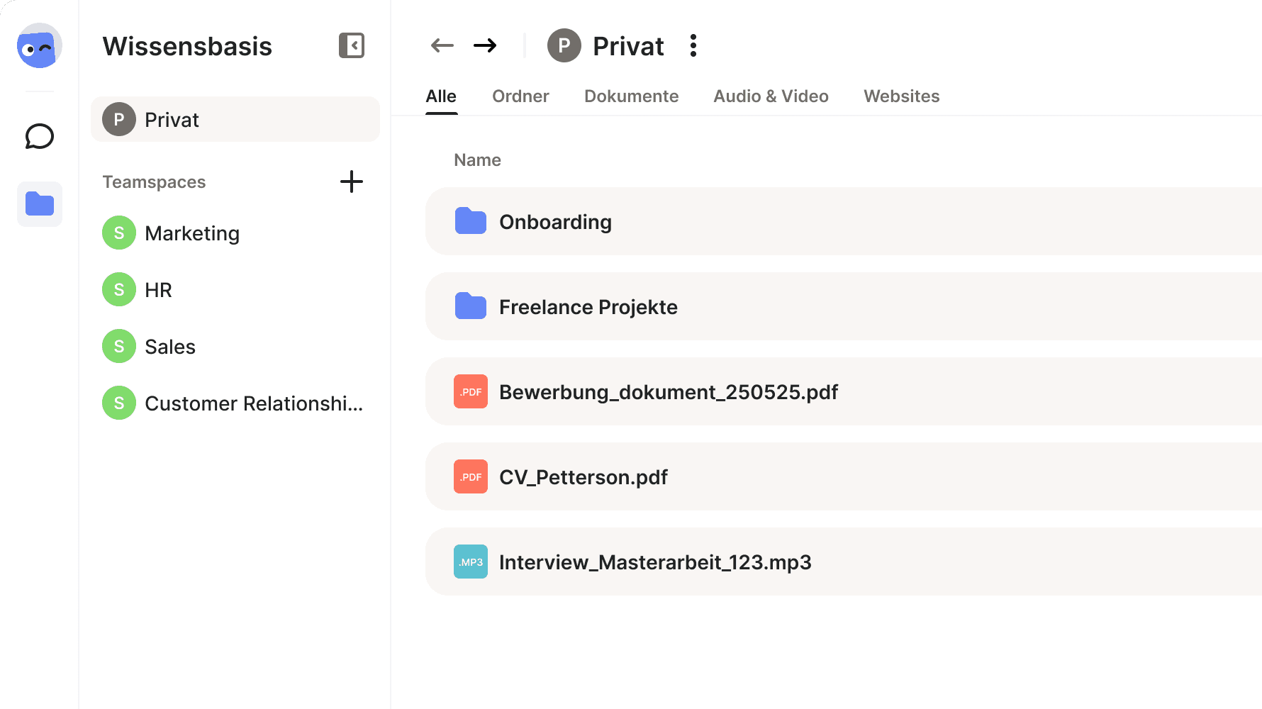 Beispielansicht von fiktiven Ordnern in der winkk AI Wissensbasis.