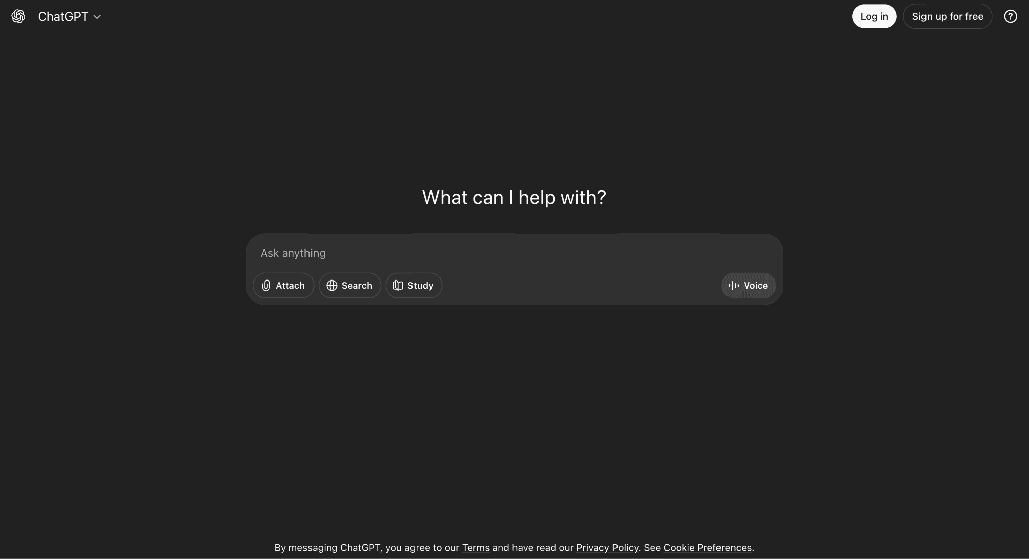 ChatGPT interface for starting a prompt and login