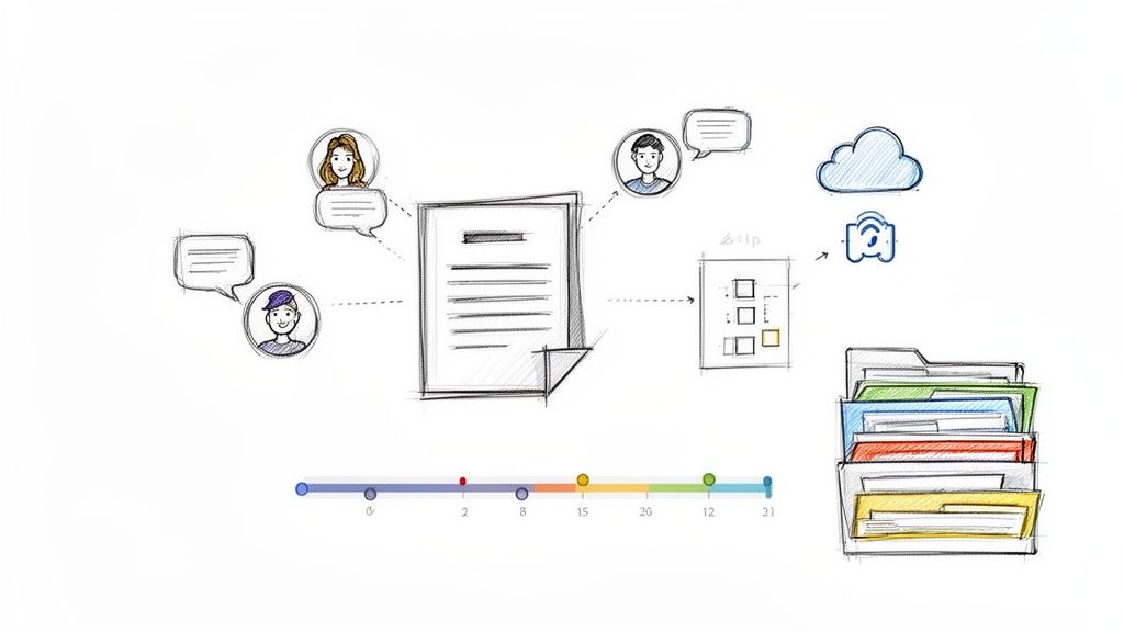 A sketch illustrating a digital workflow with people, documents, a checklist, cloud, and organized folders.