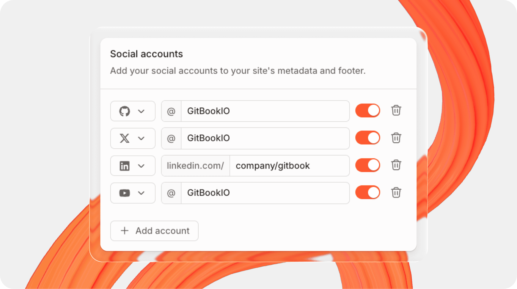 Add links to your social accounts directly from your docs sites