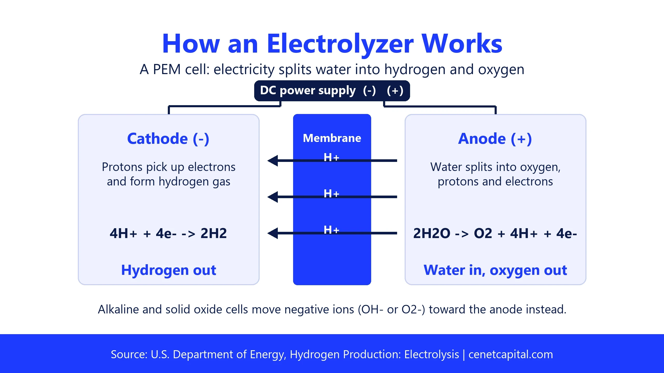 How a PEM electrolyzer works: water splits at the anode into oxygen, protons and electrons, protons cross the membrane, and hydrogen forms at the cathode
