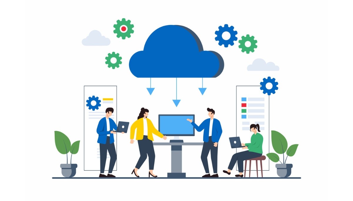 Illustration of a team collaborating around cloud systems, data charts, and gear icons, representing software QA processes, quality assurance testing, and the role of teamwork in ensuring reliable, well-functioning applications.