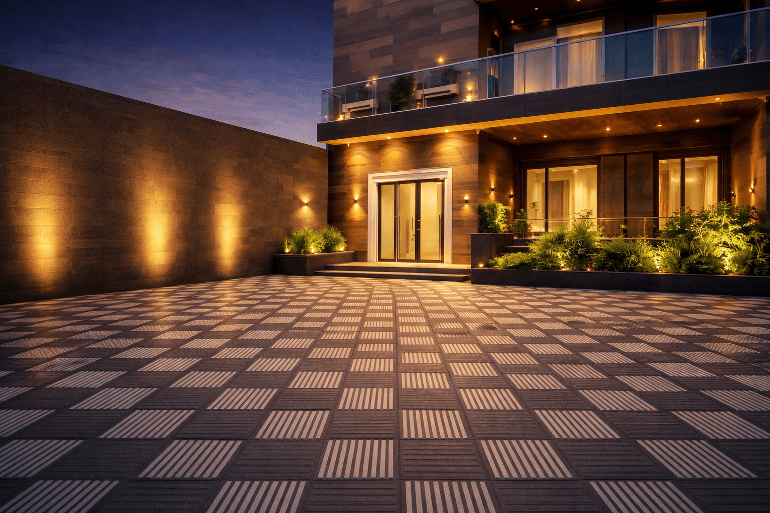 Zabarro stone tile with horizontal linear stripe pattern in textured grey surface for outdoor flooring