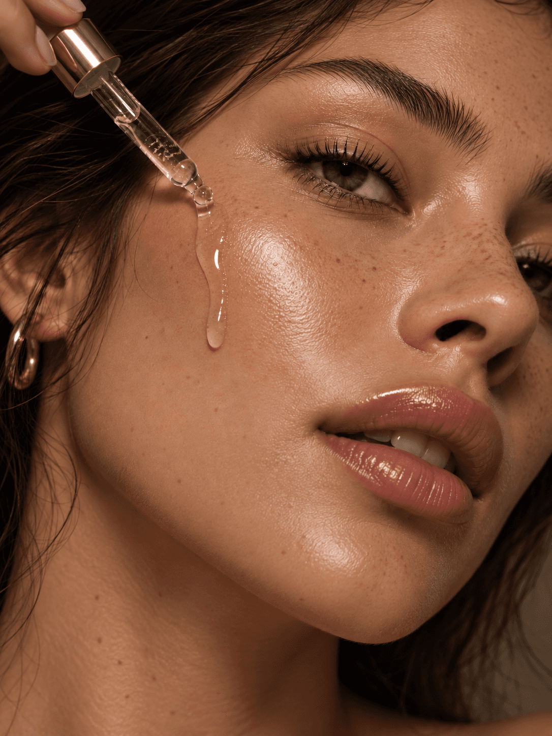 Close-up of serum being applied to luminous skin