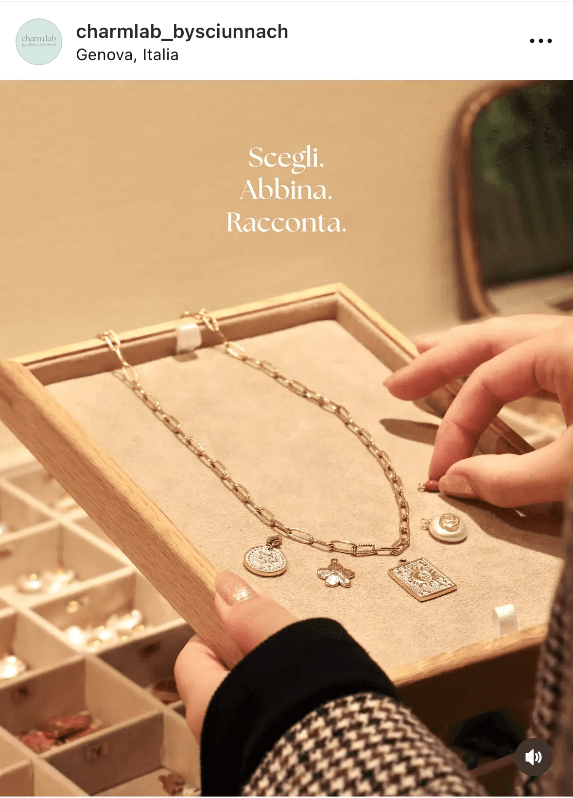 Contenuto social creato da Aura Studio, agenzia di comunicazione di Genova: strategia social, storytelling visivo e valorizzazione dei gioielli artigianali Laura Sciunnach per Instagram.
