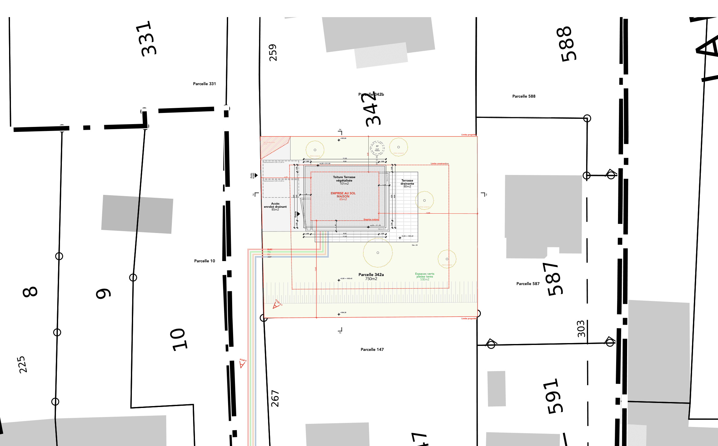 Exemple concret de plan de masse en Haute-Savoie, pour un projet de construction de maison individuelle en 2026, montrant l'emprise au sol, les limites de propriété, les réseaux et les aménagements extérieurs.
